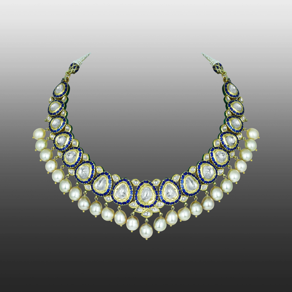 Blue Enamel Polki Necklace with Southsea Pearl Elegance